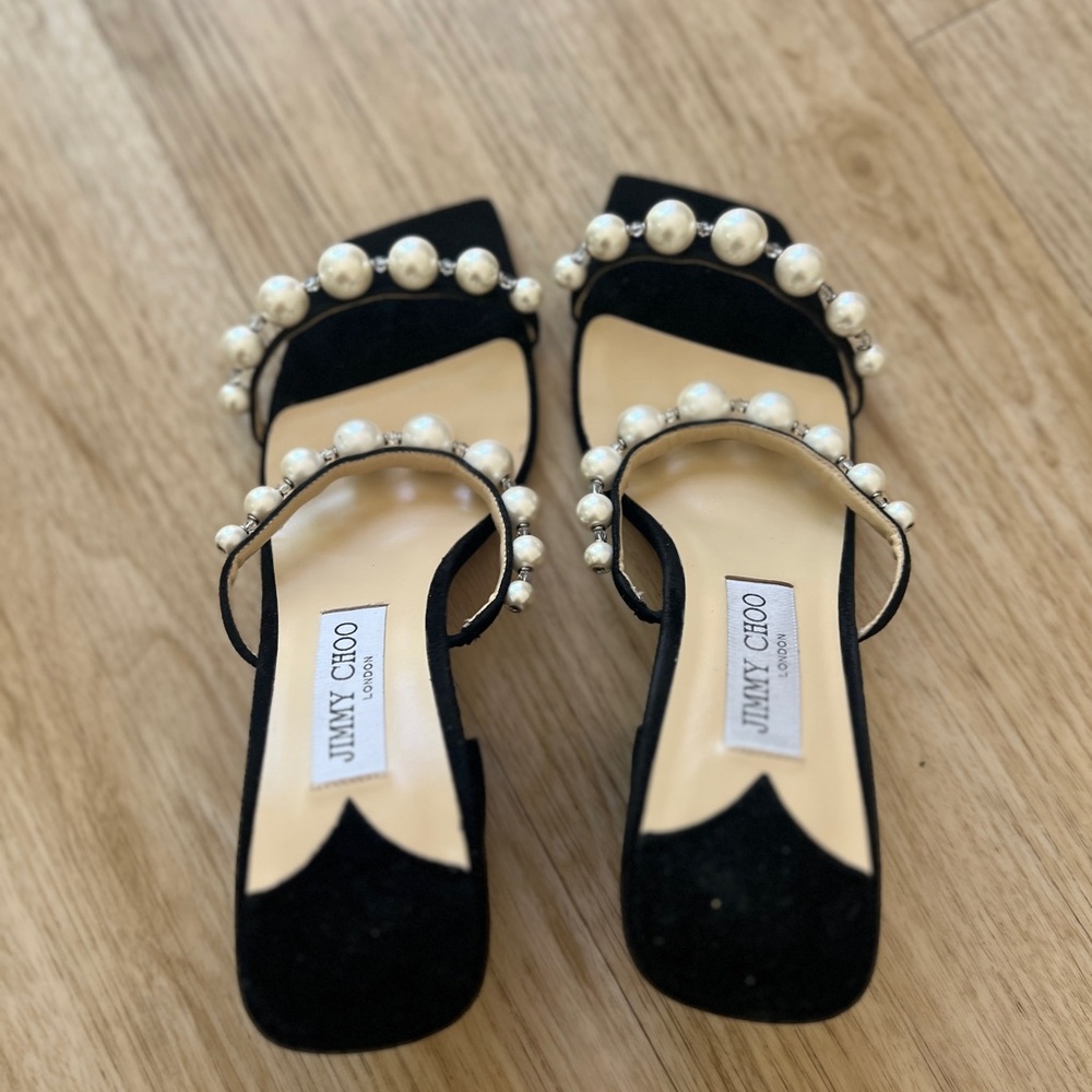 NWT Jimmy Choo Amara 85 Embellished Pearl Suede Sandals Size 9.5 - Picture 4 of 6